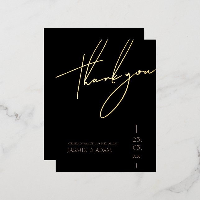 Simple Black Gold Script Wedding Thank You Gold Foil Invitation Postcard (Front/Back)