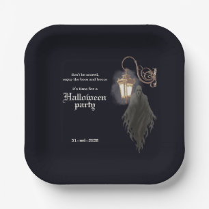 Simple Black Gold Spooky Lantern Halloween Party Paper Plate