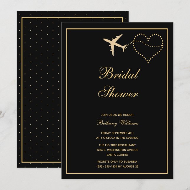 Simple Black Gold Travel Bridal Shower Invitation (Front/Back)