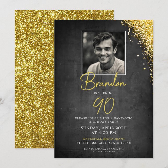 Simple Black & Gold Vintage Photo 90th Birthday Invitation (Front/Back)