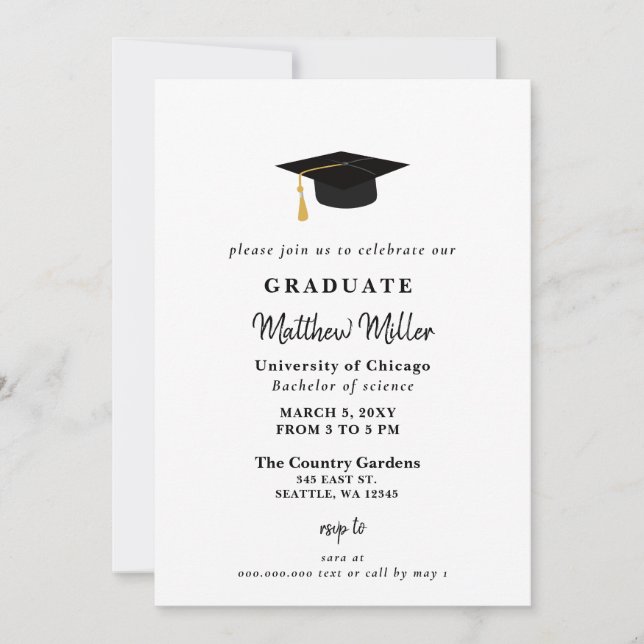 Simple Black Grad Hat Classy Graduation  Invitation (Front)