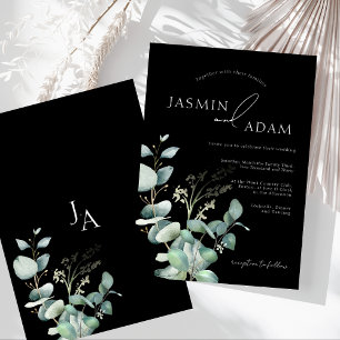 Simple Black Greenery Eucalyptus Monogram Wedding Invitation