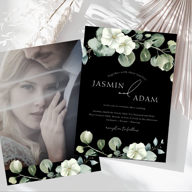Simple Black Greenery Eucalyptus Photo Wedding Invitation (Simple Black Greenery Eucalyptus Photo Wedding Invitation)