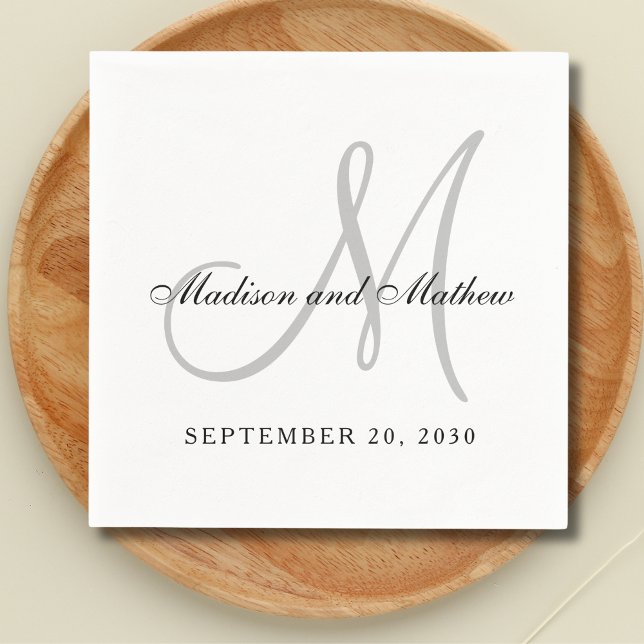 Simple Black Grey Monogram Elegant Wedding Napkin (Creator Uploaded)
