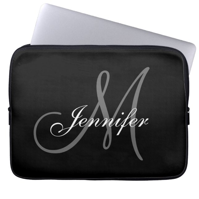 SIMPLE, BLACK, GREY YOUR MONOGRAM YOUR NAME LAPTOP SLEEVE (Front)