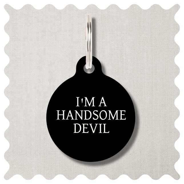 Simple Black Handsome Devil Dog Round Pet Tag (Funny Handsome Devil Dog Pet ID Tag)