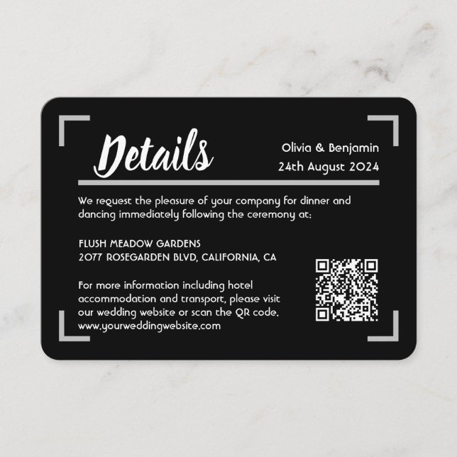 Simple Black Handwritten Script Wedding QR Code Enclosure Card (Front)