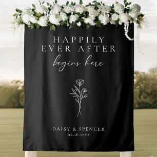 Simple Black Happy Ever After Begins Here Wedding Tapestry