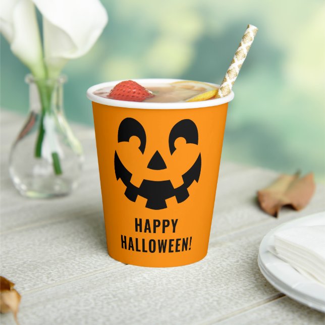 Simple Black Happy Halloween Pumpkin Face Orange Paper Cups (Insitu)