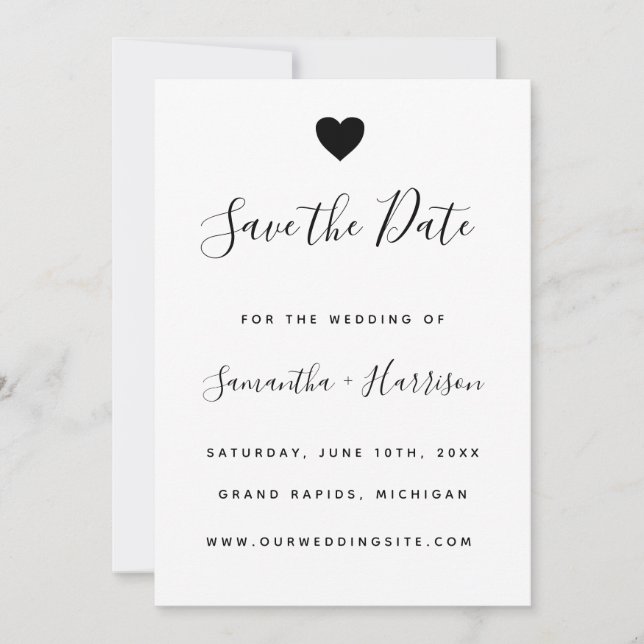 Simple Black Heart Wedding Flat Save The Date Card (Front)