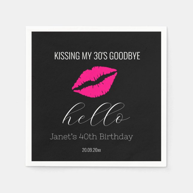Simple Black Hello 40 Kissing 30 Goodbye Birthday Napkin (Front)