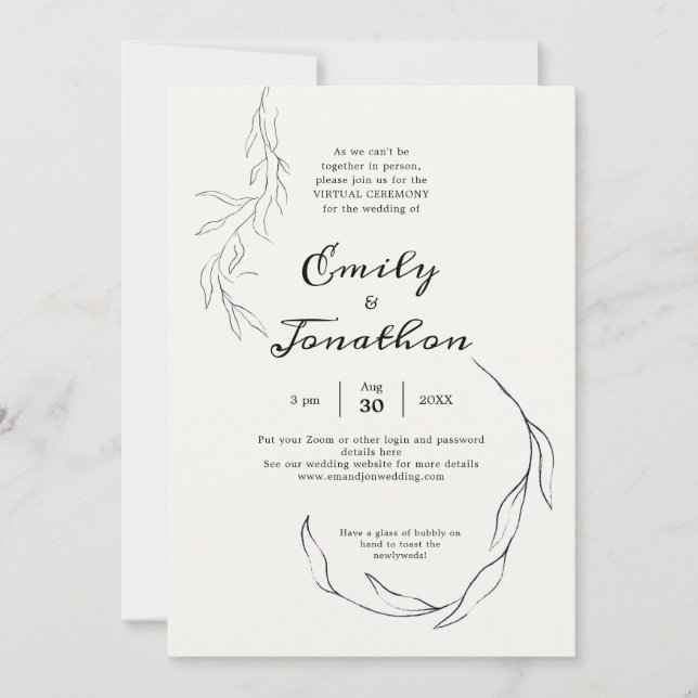 Simple Black Leaf Script Virtual Wedding Invitation (Front)
