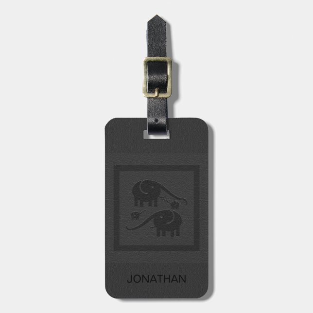 Simple Black Leather And Elephants Luggage Tag (Front Vertical)