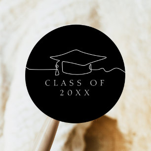 Simple Black Line Art Graduation Cap Classic Round Sticker