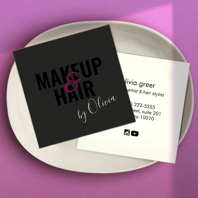 Simple Black  Makeup Artist and  Hair Stylist  Squ Square Business Card (Creator Uploaded)