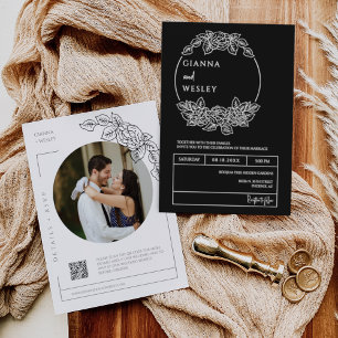 Simple Black Minimal Boho Line Art QR Code Photo Invitation