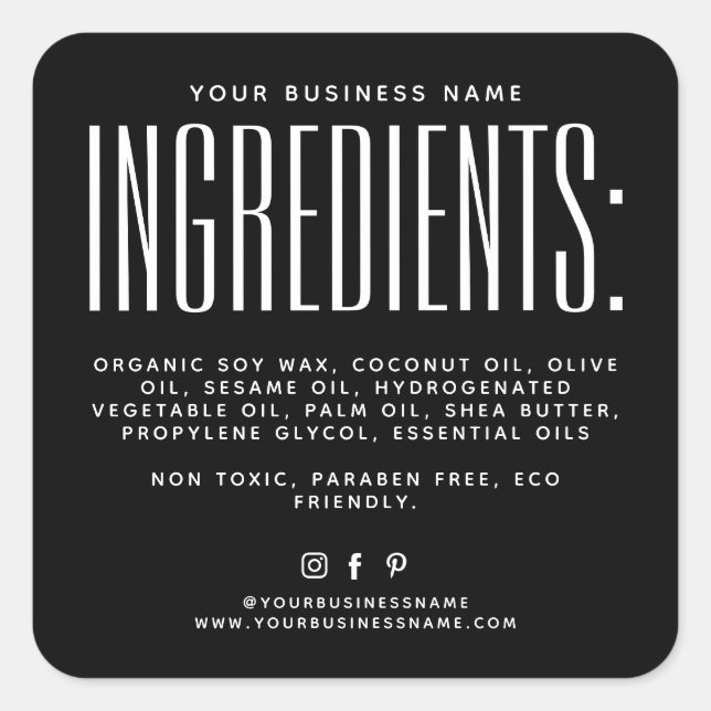 Simple black minimalist candle ingredients label (Front)