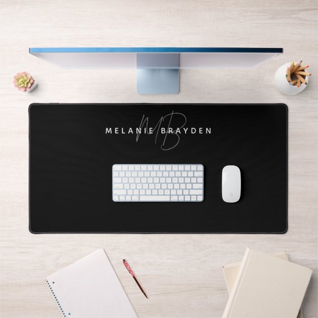 Simple Black Minimalist Monogram Desk Mat (Office 1)