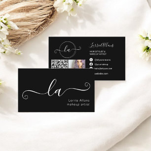 Simple Black Minimalist Photo Qr Makeup Artist Business Card
