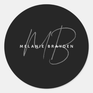 Simple Black Minimalist Two Monogram Name Classic Round Sticker