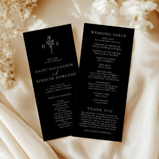 Simple Black Modern Floral Monogram Tall Wedding Programme
