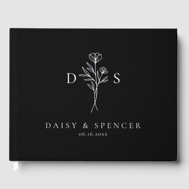 Simple Black Modern Floral Monogram Wedding Guest Book (Front)