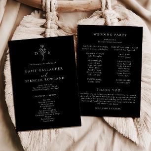 Simple Black Modern Floral Monogram Wide Wedding Programme