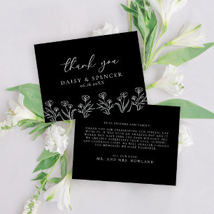 Simple Black Modern Floral Outline Wedding Flat Thank You Card