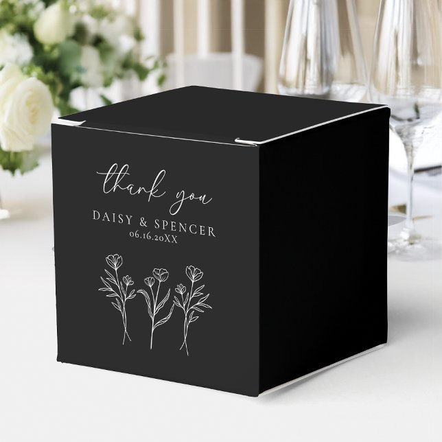 Simple Black Modern Floral Outline Wedding Square Favour Box (Creator Uploaded)