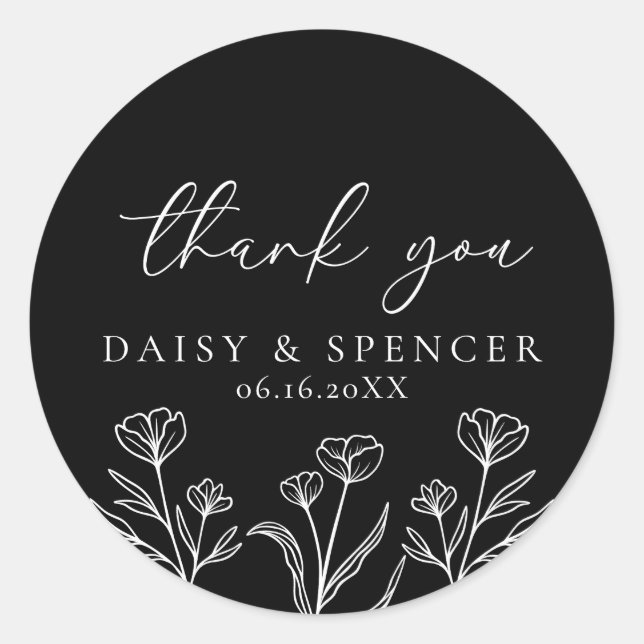 Simple Black Modern Floral Wedding Favour Classic Round Sticker (Front)