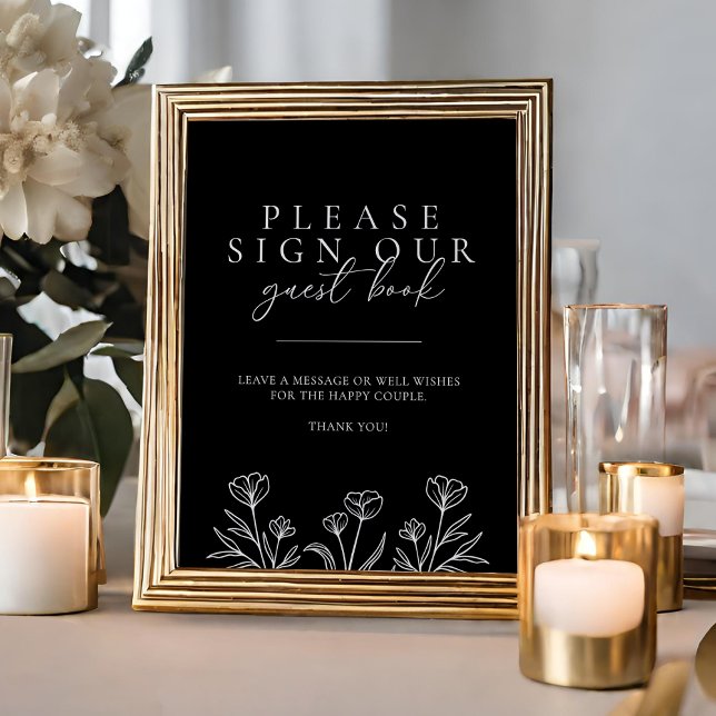 Simple Black Modern Floral Wedding Guest Book Sign (Creator Uploaded)