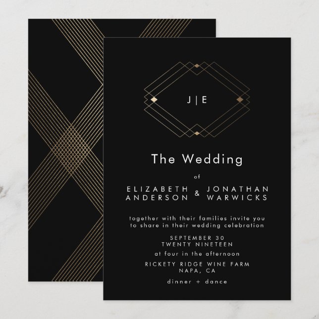 Simple Black Modern Geometric Gold Wedding Invitation (Front/Back)