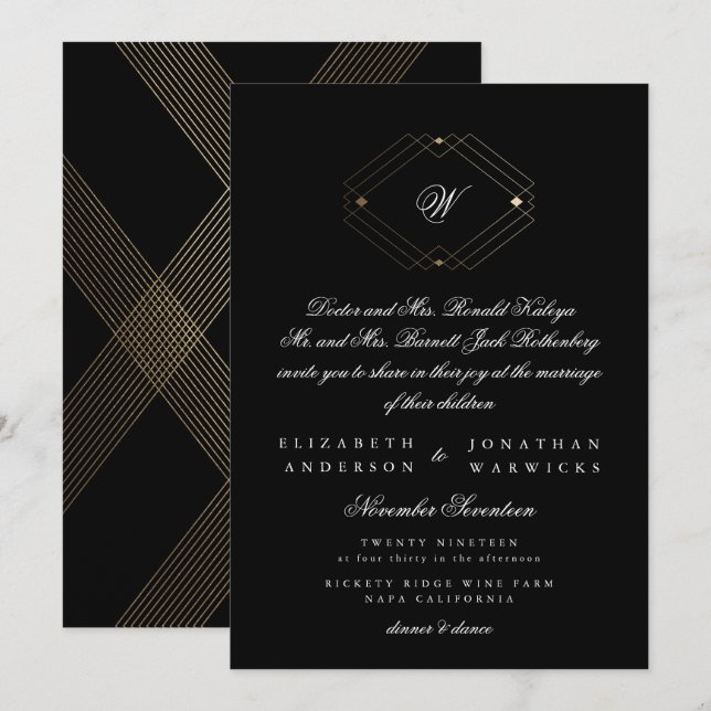 Simple Black Modern Geometric Gold Wedding Invitation (Front/Back)