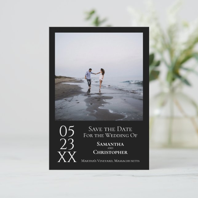 Simple Black Modern Minimalist Photo Wedding Save The Date (Standing Front)