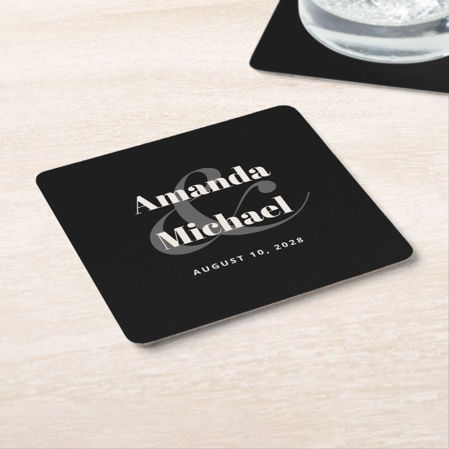 Simple Black Modern Minimalist Wedding Square Paper Coaster (Angled)