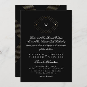 Simple Black Modern Monogram Script Gold Invitation
