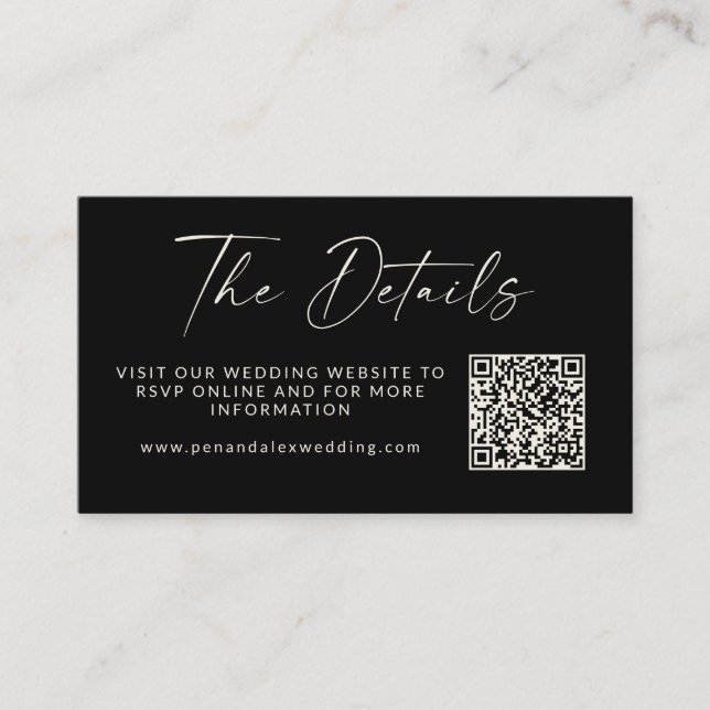 Simple Black Modern Script Wedding QR Code Website Enclosure Card (Front)