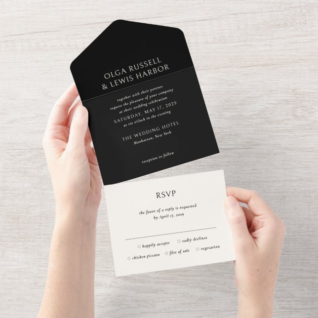 Simple Black Modern Wedding All In One Invitation (Tearaway)
