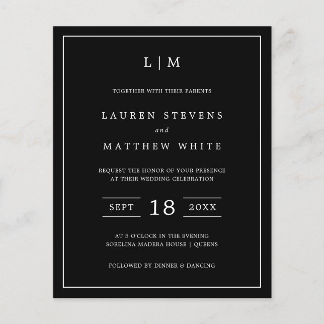 Simple Black Monogram Budget Wedding Invite (Front)