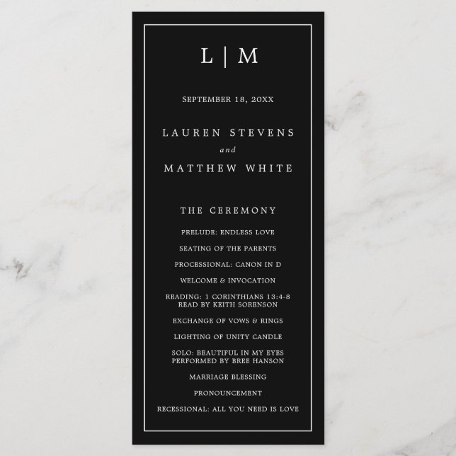 Simple Black Monogram Elegant Wedding Programme (Front)