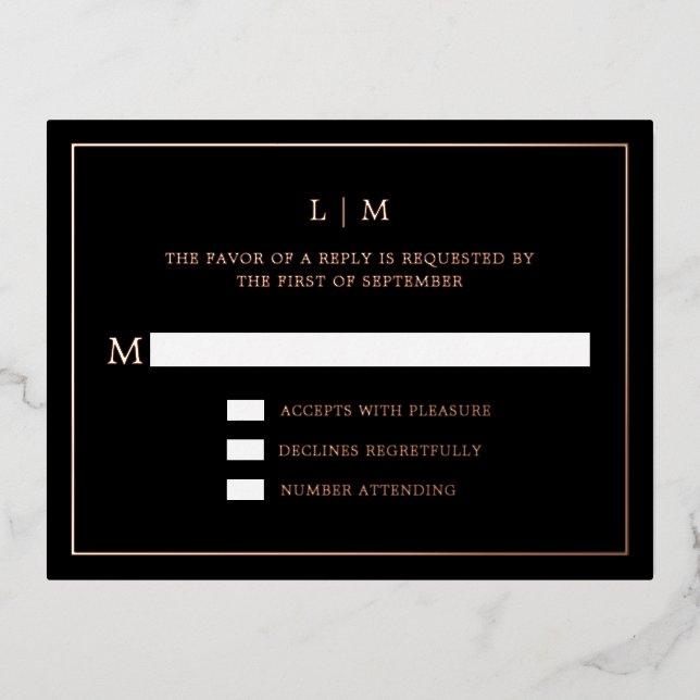 Simple Black Monogram Elegant Wedding RSVP Foil Invitation Postcard (Front)