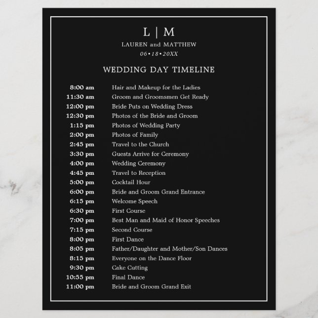 Simple Black Monogram Elegant Wedding Timeline (Front)