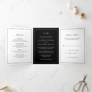 Simple Black Monogram Elegant Wedding Tri-Fold Invitation