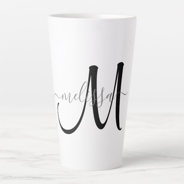 Simple Black Monogram Grey Script Name Custom Latte Mug (Front)
