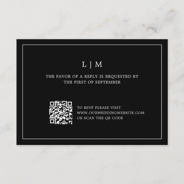 Simple Black Monogram QR Code Elegant Wedding RSVP Card (Front)