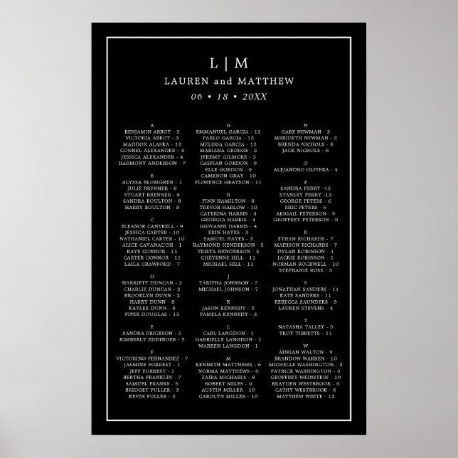 Simple Black Monogram Wedding Seating Chart (Front)