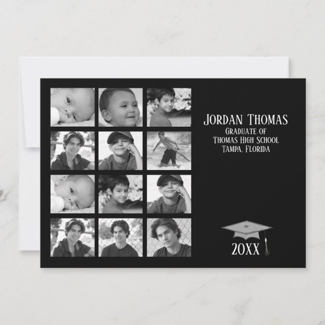 Simple Black Multi Photo Graduation 12 Photo Invitation (Front)
