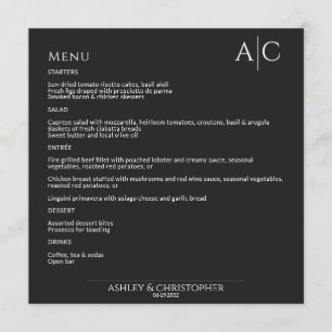 Simple Black Noir Monogram Wedding Reception Menu