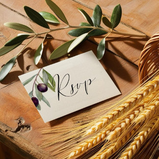 Simple Black Olive Branch Meal Choice Watercolor RSVP Card