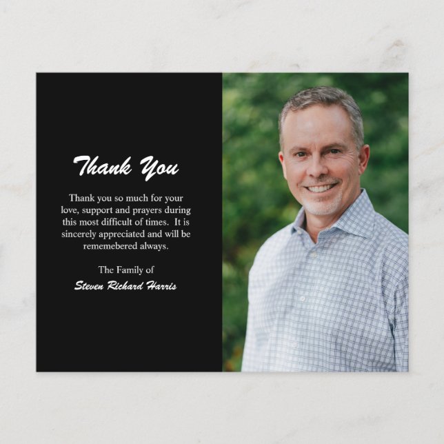 Simple Black Photo Budget Funeral Thank You Card (Front)